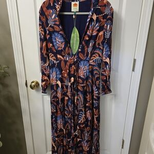 FARM Rio Women's Navy and Rust Long Sleeve Dress Size Lg